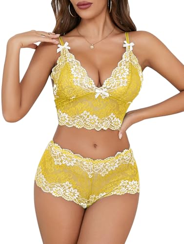 Image of Lilosy Sexy Lingerie for Women Lace Pajamas Set Cami Bra and Panty High Waist Sheer Sleepwear 2 Piece 2XS-6XL
