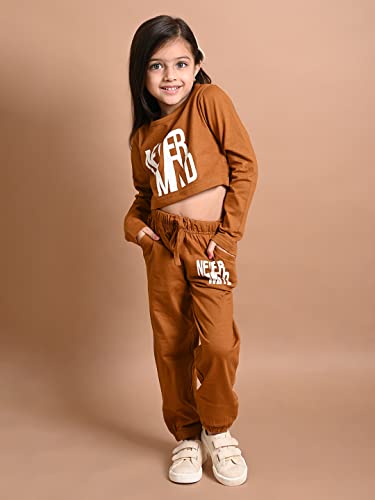 Image of LILPICKS Girls Never Mind Printed Crop Top with Jogger Set (Beige)