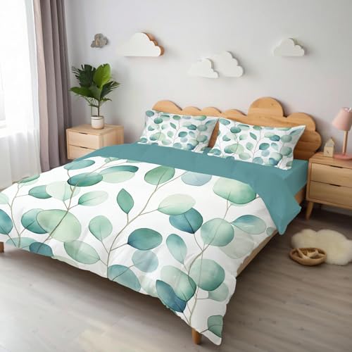 Housse de couette zippée turquoise motif eucalyptus en microfibre durable - 4