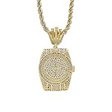  KLFJFD Personnalité Hommes Hip Hop Montre Cadran Pendentif Collier Plaqué Or 18K Cuivre Incrusté Zircon Pendentif Collier 24 Pouces en Acier Inoxydable Twist Chaîne