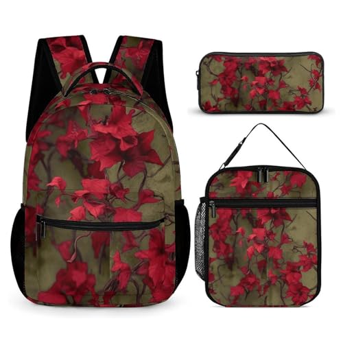 Red Flower Vine Backpack Set 3 Piece, Durable Backpack Insulated Lunch Bag Portable Pencil Case for Men Women