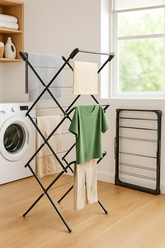 VIROSA 3-Tier Clothes Drying Rack – Foldable Indoor & Outdoor Laundry Stand with Non-Slip Feet & Hanger Corners – Lightweight Space-Saving Design – 63 x 46 x 138cm – Black - Image 7