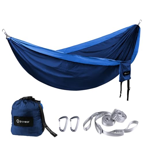 BTRWOR Hängematte Outdoor für 2 Personen | 300kg Traglast | Doppelhängematte mit Befestigungs-Set | Nylon Camping Reisehängematte | 290x170cm(Marineblau)