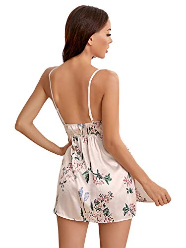 Verdusa Women's Floral Print Lace Trim Split Satin Night Dress Sleepwear Nightgown Beige S #TOP1