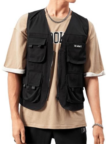 Verdusa Men's Sleeveless Letter Patched Buckle Zipper Flap Pocket Steampunk Cargo Vest Jacket