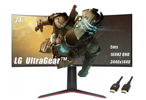 Image of LG 34 inch Ultragear Curved Gaming Monitor, 160Hz, 5ms, QHD 21:9 (3440x1440) VA with HDR 10 Compatibility, AMD FreeSync Premium, Black, with 5ave HDMI Cable