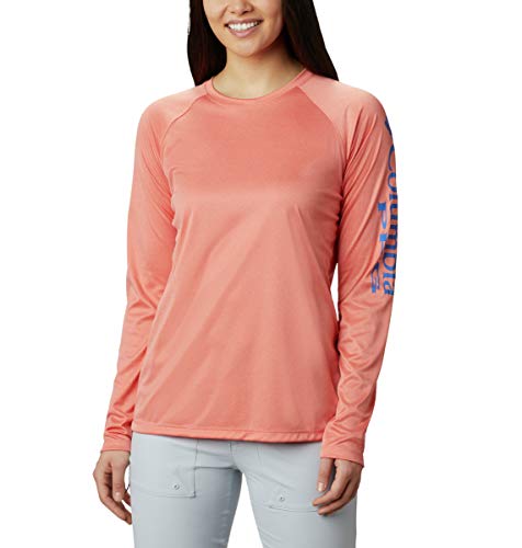 Columbia Women's Tidal Tee Heather Long Sleeve Shirt, Lychee Heather/Stormy Blue Logo, Medium