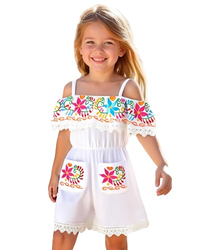 HINTINA 4T Toddler Little Girl Embroidery Mexican Jumpsuit Size 4 Ethnic Wear Off Shoulder Romper 4 Years Old Traditional Mexico Themed Clothes Cinco De Mayo Fiesta Outfits White