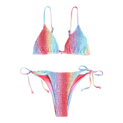 ZAFUL Gesmokt Regenbogen Schnur Seite binden Dreieck Bikini Set Gepolstert Zwei Stücke Badeanzug Bademode für Damen (E-Mehrfarbig-A,M)