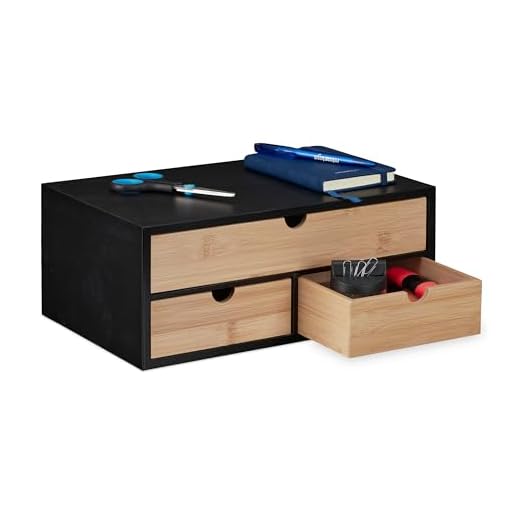 Relaxdays Organizer da Scrivania con 3 Cassetti in bambù e MDF, Cassettiera da Ufficio, HLP 13,5x33x21 cm, Naturale Nero