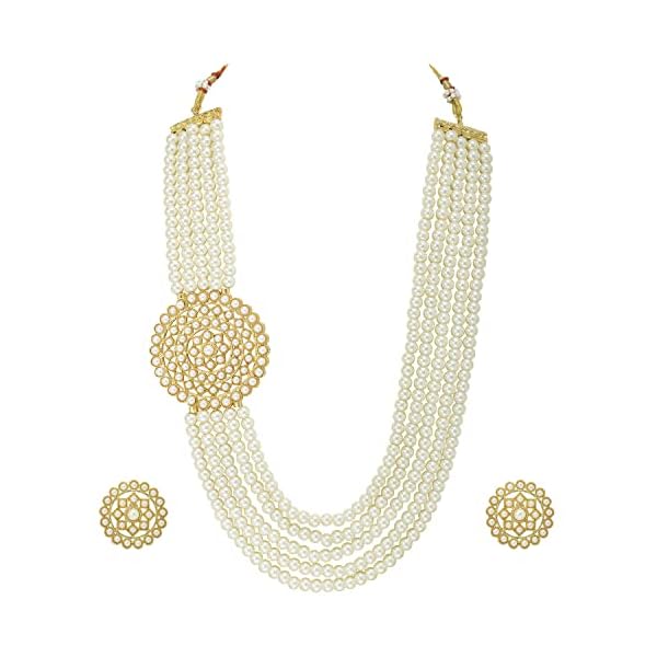 Peora Gold Plated Traditional 5 Layer Kundan Pearl Long Necklace Earrings Jewellery Set for Women