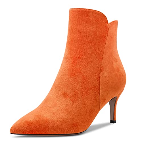 Aachcol Damen Stiefeletten Geschlossene Spitze Zehenkappe Slip-on Stiletto Mittlerem Absatz Heel Wildleder Reißverschluss Orange 6 CM 40 EU Cover