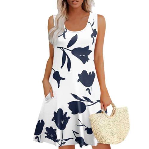 WEOPLKIN Damen Sommerkleid U-Ausschnitt Freizeitkleider Ärmellos Lässig Trägerkleid Sommer Mini Tank Kleider Elegant Kurz Strandkleider mit Taschen...