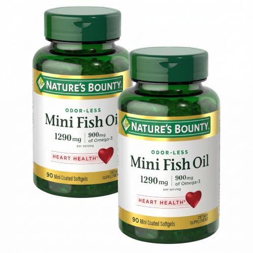Nature's Bounty Mini Fish Oil Softgels 1290 mg, Omega-3, Supports Heart Health, Odor-Less, 90 Mini Coated Softgels (Pack of 2) - image 1