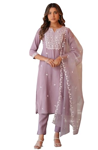 Janasya Indian Women's Silk Blend Lavender Embroidered Festive Wear Kurta Set for Women