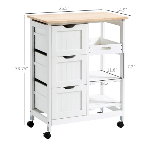 HOMCOM Rolling Kitchen Island Cart, Bar Serving Cart, Compact Trolley on Wheels with Wood Top, Shelves & Drawers for Home Dining Area, White