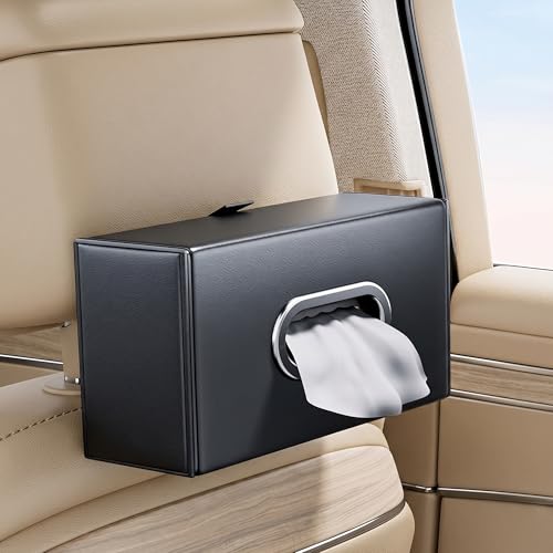 Auto Family Car Tissue Box Holder PU Leather with Strap Buckle Car Napkin Holder Universal Auto Interior Accessories Travel Storage Box Headrest Mount Tissue Case (Black)