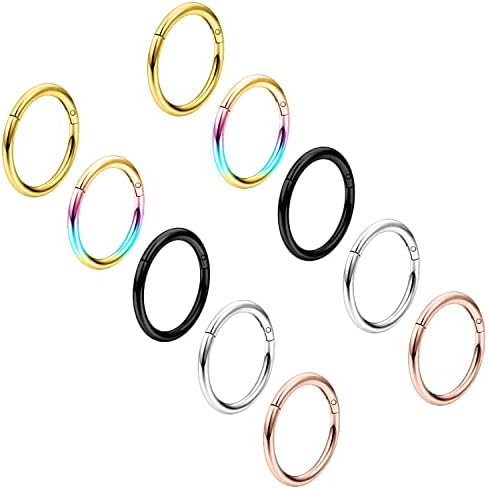 Vsnnsns 16G Stainless Steel Hinged Segment Clicker Nose Rings Hoops Septum Jewelry Lip Ring Hoop Cartilage Tragus Conch Helix Rook Hoop Earrings Piercing Jewelry for Women Men 10MM Mix Colro 16 Gauge