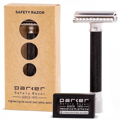 Parker THE VARIANT CLOSED COMB - ADJUSTABLE Double Edge Safety Razor, Customize your Shave with a Turn of the Dial from Mild to Aggressive - 5 Blades Included (GRAPHITE GRAY)