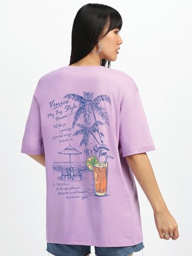 Image of JUNEBERRY Pure Cotton Oversized Baggy Fit Round Neck Drop Shoulder Swan White Back Graphic Printed T-Shirt for Women /Girls