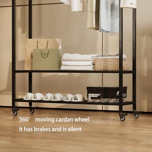 BUZUEY Metal clothing rack with shelves,Rolling clothes rack with wheels,Garment racks for hanging clothes,Rolling wardrobe rack for bedroom(black) by BUZUEY - Used condition - Image 3