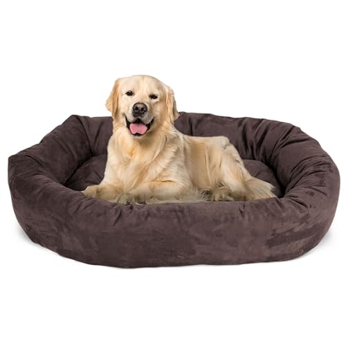 Image of Majestic Pet 40 Inch Suede Calming Dog Bed Washable 40x29x9 (Inch) - Cozy Soft Round Donut Dog Bed with Spine Support for Dogs to Rest their Head - Round Pet Bed Large - Chocolate