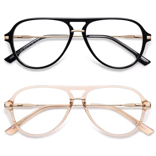 AMOMOMA 2 Pack Aviator Reading Glasses for Women Men Blue Light Blocking Lens Spring Temple AM6226 C1+C3 2.0 X