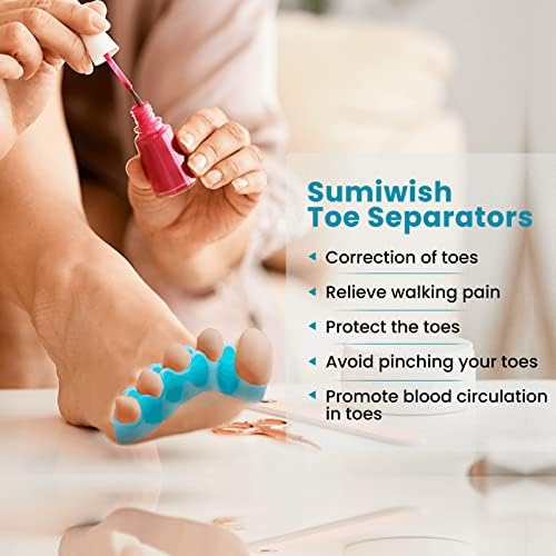 Sumiwish Toe Separators, 4 Pair (Blue and Clear) Soft Gel Toe Spacers to Correct Bunions, Toe Stretcher for Therapeutic Relief from Plantar Fasciitis, Hammer Toes, Claw Toes
