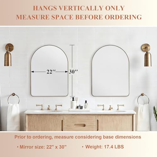 Image of ANDY STAR Arched Mirror, 22 x 30 Inch Gold Wall Mirror in Stainless Steel Metal Frame, Arch Top Rounded Corner 1 Inch Deep Set Design Wall Mount Hangs Vertical