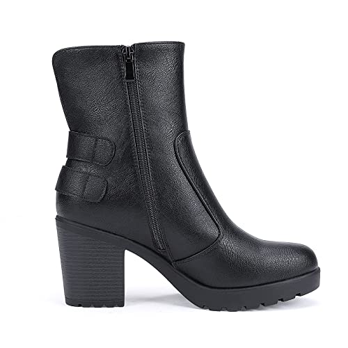 Centropoint Women's Fashion Chunky Heel Ankle Boots Goth Side Zip Buckles Knight Boot Ladies Party Round Toe Combat Booties(Black Pu, Numeric_9) #TOP4
