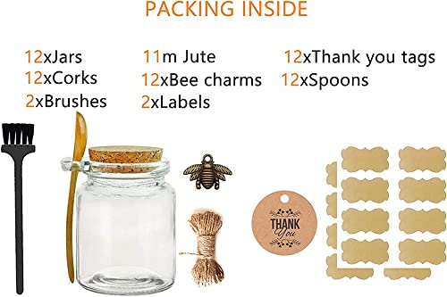 Ahhute Glass Storage Honey Jars With Cork Lids, Bamboo Spoons,Brush And Lables - Glass Canning Jars For Bath Sea Salt, Spices, Teas, Candy, Candle Making,Diy And Art,Dishwaresafe,12 Pack, 250Ml/8Oz #TOP3