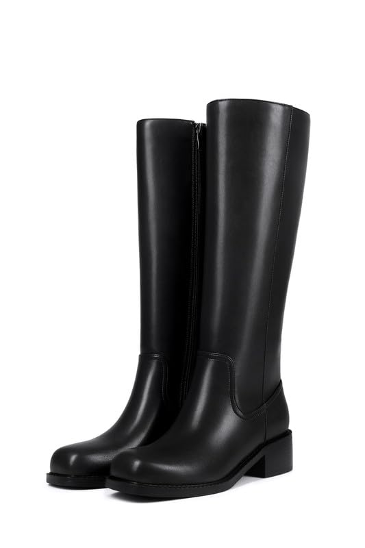 Image of ZJA Knee High Boots Square Toe Boots Low Heel Flat Long Boots for Women Dress Chunky Comfortable Tall Boots