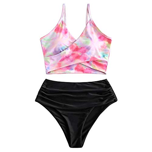 ZAFUL Women s Crisscross Ruched High Waisted Bottom Bikini Set Two Piece Swimsuit Tankini Medium