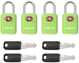 SURE LOCK TSA Approved Luggage Locks - One Key Opens All, Compact & Durable Zinc Alloy Travel Lock with Steel Shackle, Keyed Alike (Green 4 Locks, Mini Size for Suitcase/Backpack/Gym Locker)