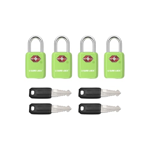 SURE LOCK TSA Approved Luggage Locks - One Key Opens All, Compact & Durable Zinc Alloy Travel Lock with Steel Shackle, Keyed Alike (Green 4 Locks, Mini Size for Suitcase/Backpack/Gym Locker)