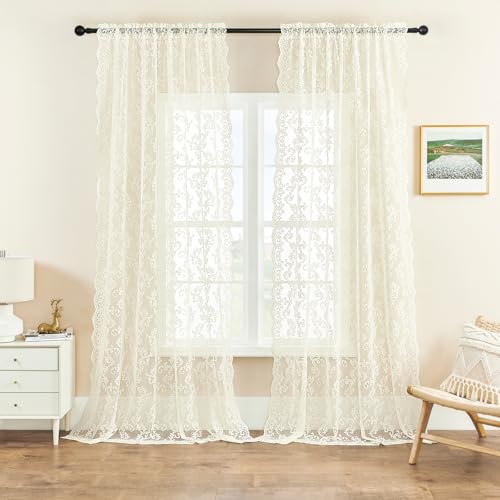 Elfenbeinfarbene Spitzen-Vorhänge, 244 cm lang, 2 Paneele, Vintage-Paisley-Blumenmuster, durchscheinende Vorhänge für Wohnzimmer, Mädchen-Schlafzimmer, Stangentasche, Lichtfilterung, cremefarben,