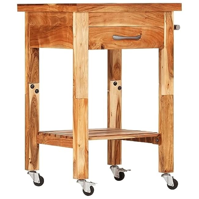 vidaXL Solid Acacia Wood Kitchen Trolley with Drawer, Lower Shelf and Towel Rack - Mobile Storage Solution for Your Kitchen-NzbnoNhh
