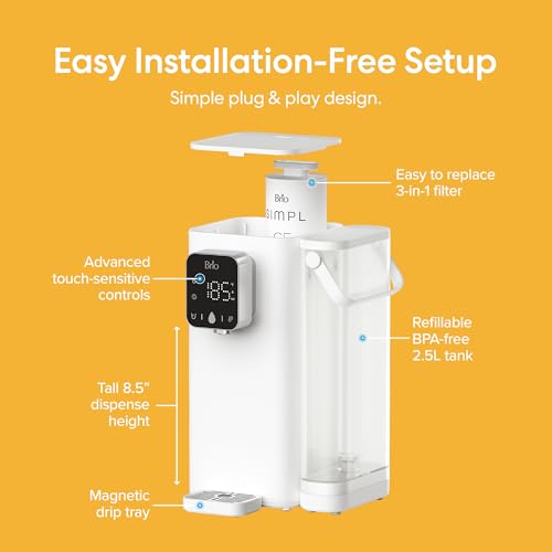 Image of Brio SIMPL Countertop Water Dispenser, 3 Stage Water Filter & Adjustable Instant Hot Water | Easy Access Refillable 2.5L Tank | Tall 8.5 inch Dispense Height, LED Touch Controls, White