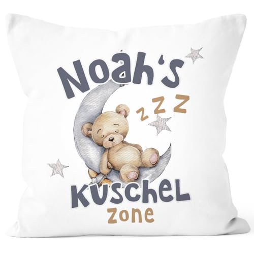 SpecialMe® Kissen-Bezug für Kinder Teddy Mond Kuschelzone Wunsch-Name personalisierte Geschenke Baby Weiss 40cm x 40cm