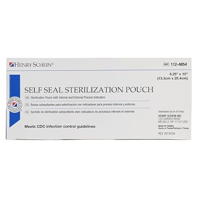 Henry Schein Self-Sealing Sterilization Pouches, Latex-Free, Built in Color Change Guide 5.25 in x 10 in 200/Bx, 6 Boxes/Case, 1200 Counts