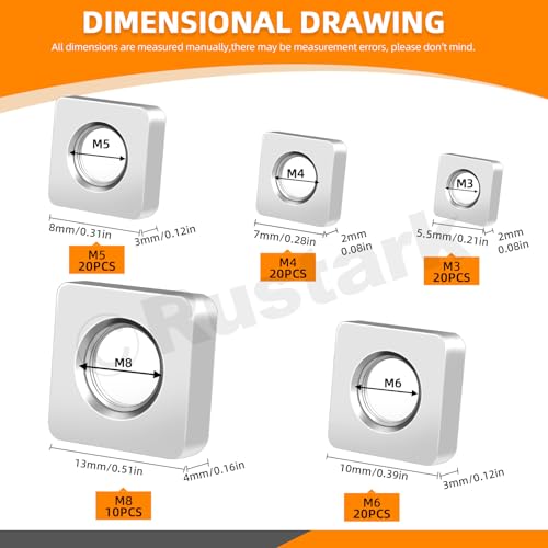 Rustark 90Pcs M3 M4 M5 M6 M8 Vierkantmuttern Sortiment Set 304 Edelstahl Metrisches Vierkantmuttern Quadratmutter Einlegmutter Square Nuts für Industrielle Maschine