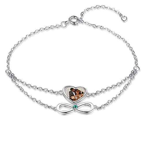 Jewelora Frauen Double Layer Armband Personalisiert 1-5 Namen Armband mit Foto Silber 925 Damen Herz Armband mit Geburtssteinen Freundschaft Familie Geschenke Charm Armband (1 stone) Cover