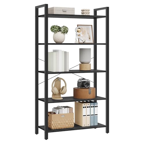 VASAGLE 5-Tier Bookshelf, Bookcase with Steel Frame, Book Shelf for Living Room, Home Office, Study, 11.8 x 26 x 60.2 Inches, Industrial Style, Ebony Black and Ink Black ULLS061B56