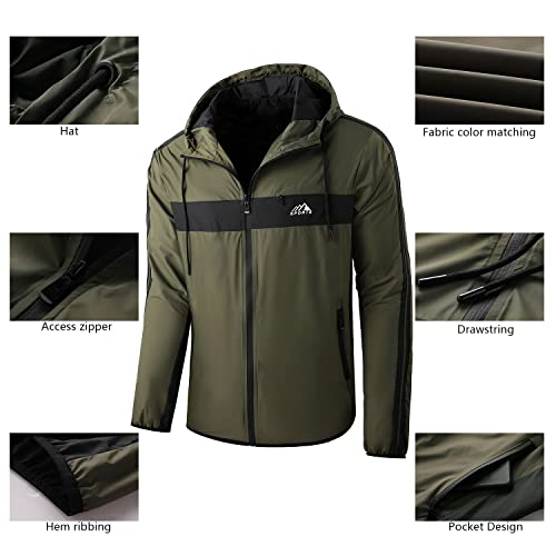 Cookfip Men's Zip Up Waterproof Rain Jacket Outdoor Lightweight Softshell Hiking Travel With Zippered Pocket (Army Green/Black, Xl) #TOP2