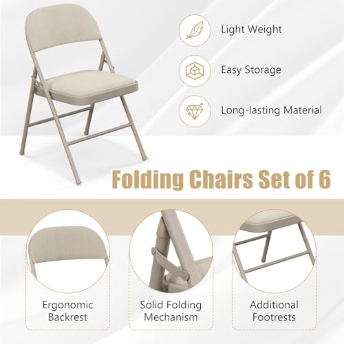 Image of Giantex 6-Pack Folding Chairs Set - Waiting Room Chairs with Metal Frame, Fabric Upholstered Padded Seat, Foldable Party Chair Set, Event Chair, Folding Guest Chairs Set of 6, Beige
