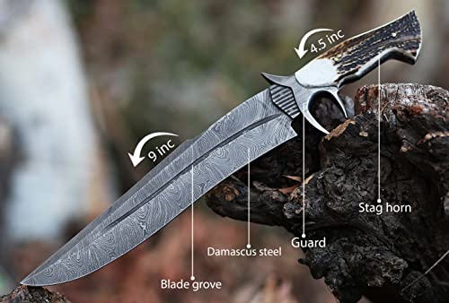 14\" Long Clip point blade Hunting Knife, Natural Stag Antler scale with Steel finger guard, Hand forged Damascus steel blade with blood groove, Cow Hide Leather sheath with belt loop - Thumbnail 2