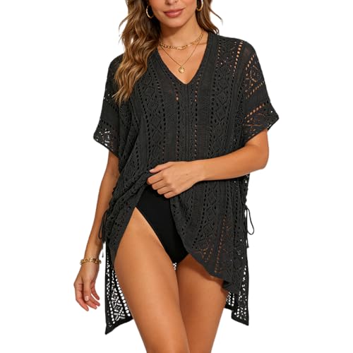 Image of SANNIDHI Crochet Cover Up for Women Loose Fit Beach Cover Up Stylish Boho V Neck Hollow Summer Top Coverup - Fits for Weight 50-70kg and Height 160-178cm