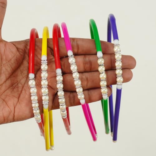 Image of Hair Bands with Pearl Beads, Multicolour Plastic Coated Metal, Set of 6 for Girls & Women