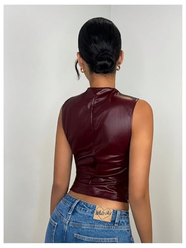 Floerns Women's PU Faux Leather Sleeveless Tank Top Ruched Mock Neck Y2k Vest Shirts2