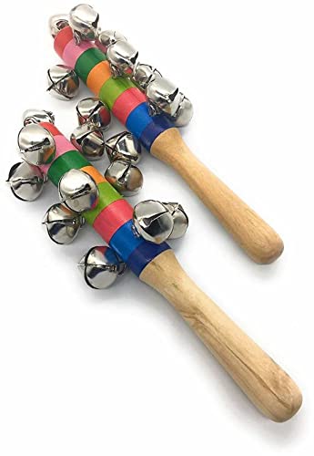 Colourful Wooden Rainbow Baby Handle Jingle Bell Rattle Toys, Pack of 2